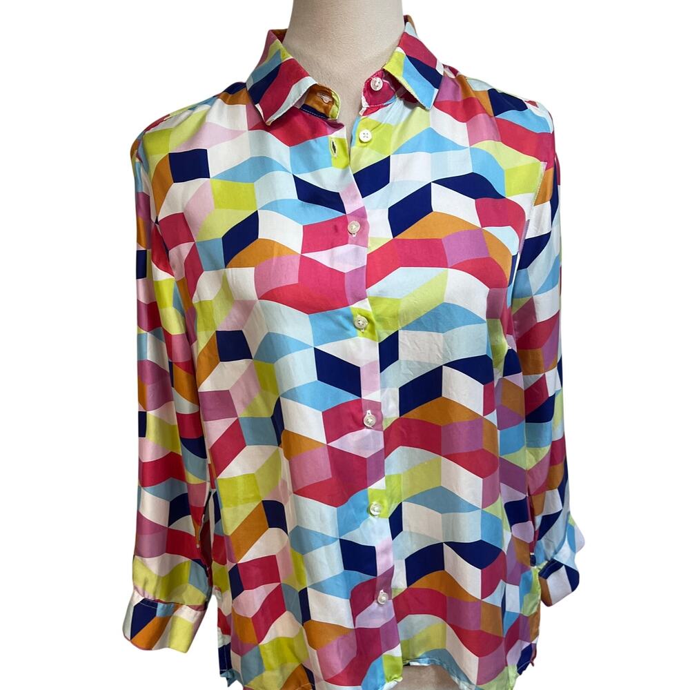 Vilagallo 100% Silk Geometric Print Button Front Blouse Size 42 Portugal